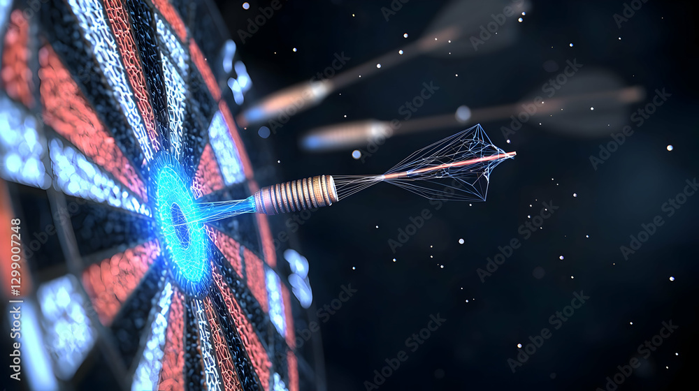 Poster dartboard with darts hitting the bullseye with motion and digital particle effect