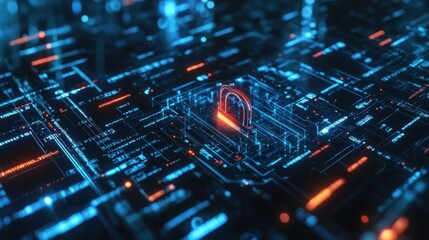 AI-driven cybersecurity, digital lock, dark matrix background, network protection