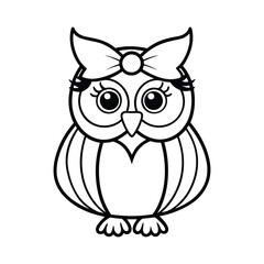 A cute owl with a big bow  line art vector illustration.