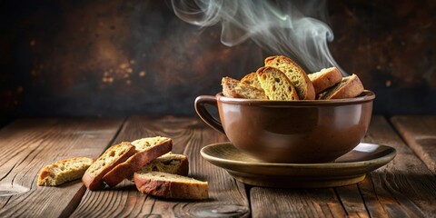 Warm, crusty bread slices in a rustic bowl, steaming gently on a weathered wooden surface.