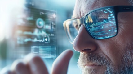 Senior software engineer working with futuristic augmented reality glasses and hologram interface