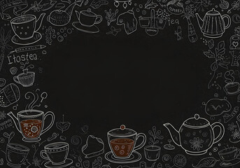 Hand-drawn coffee and tea doodles forming a border on a chalkboard background, perfect for cafe menus and invitations