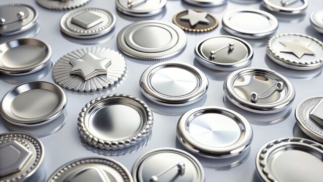 Collection of Blank Metal Badges and Pins Ready for Customization