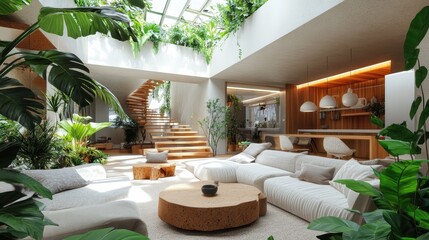 Fototapeta premium An open-plan living space with a skylight, lush plants, and eco-friendly furniture made from bamboo and cork