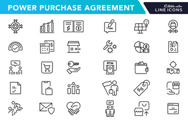 Power purchase agreement linear icons set. Financial, business, company, eco, payment, sustainable, product, shopping, and document line icon collection. UI thin outline icon pack