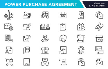 Power purchase agreement linear icons set. Financial, business, company, eco, payment, sustainable, product, shopping, and document line icon collection. UI thin outline icon pack