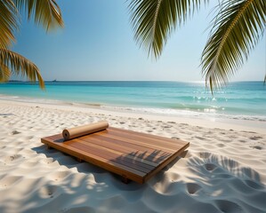 Obraz premium A serene beach scene featuring a wooden sunbed amidst soft sand and palm trees, with a tranquil turquoise sea and clear sky in the background.