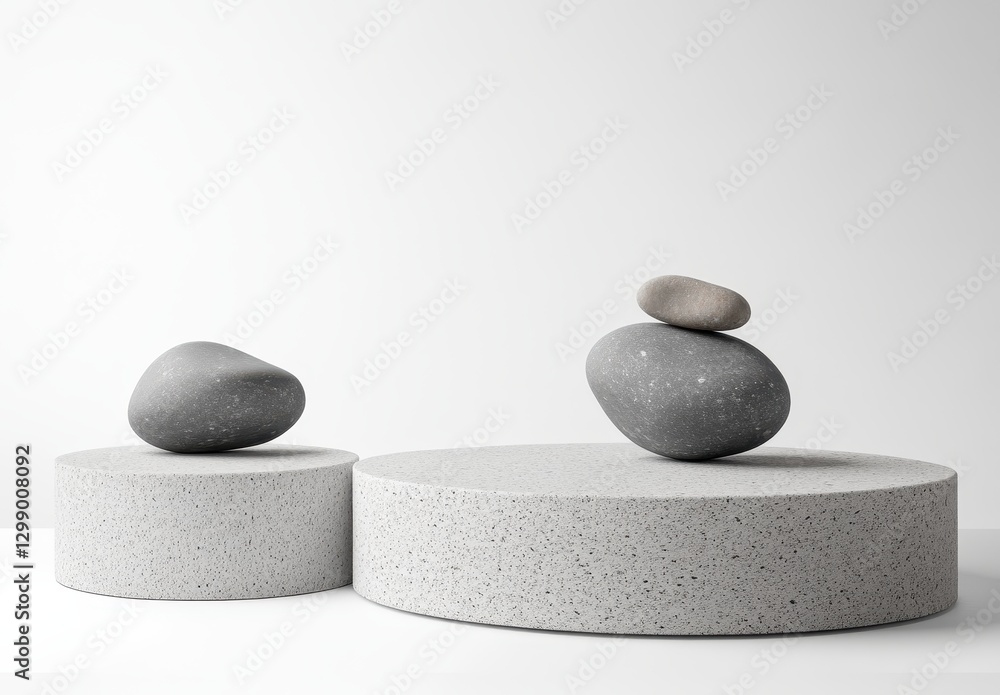 Poster minimalist modern display of smooth stones in balanced arrangement on textured platforms for contemp