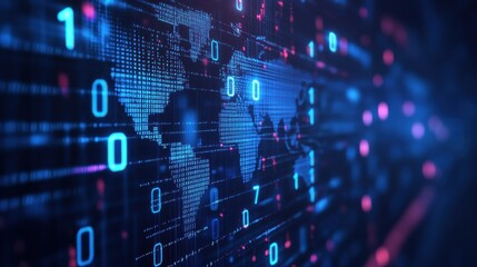 Abstract digital world map on blue background with binary code and global network connection technology concept, data transfer and cyber security in the cyberspace