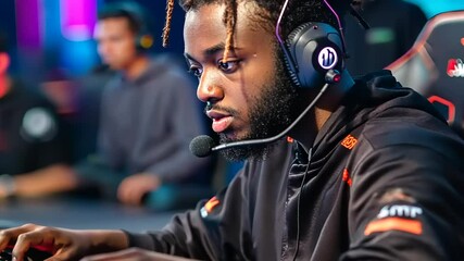 Focused gamer competing in an esports tournament with vibrant background lights and audience - Powered by Adobe