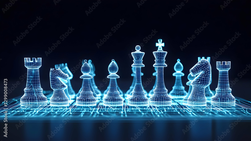 Poster illuminated digital chess set displayed on a glowing circuit board in dark background