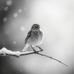 Bird Resting on Snowy Branch Black and White Winter Nature Scene