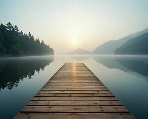Obraz premium A serene wooden dock extends into a misty lake, illuminated by a soft sunrise, surrounded by mountains and trees, creating a tranquil atmosphere.
