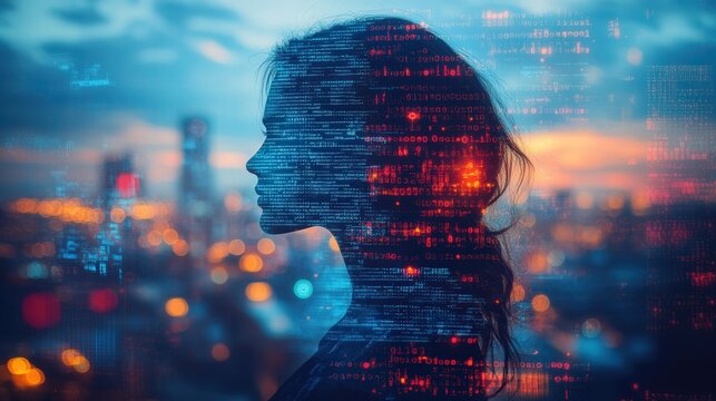 Silhouette of woman with digital code overlay