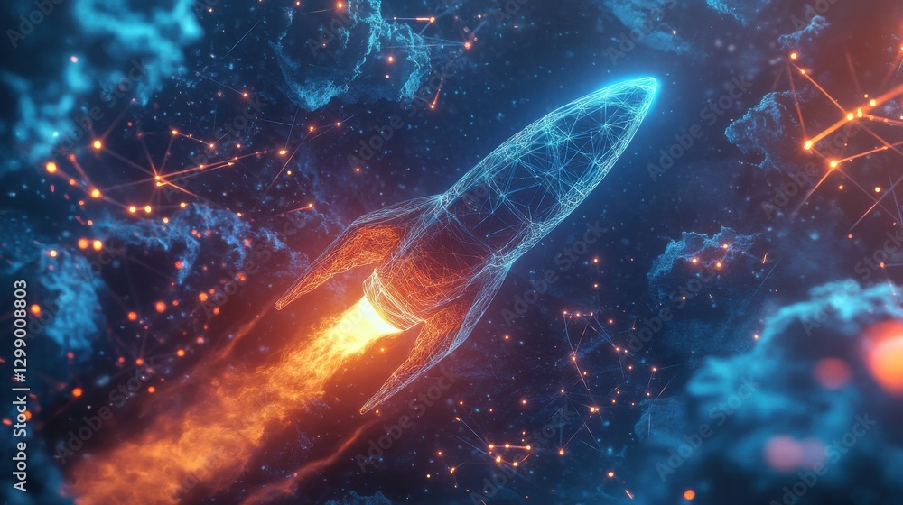 Poster a glowing blue digital rocket soaring through a network of interconnected nodes