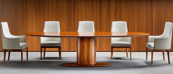 Modern conference room with elegant wooden table and stylish white chairs for business meetings