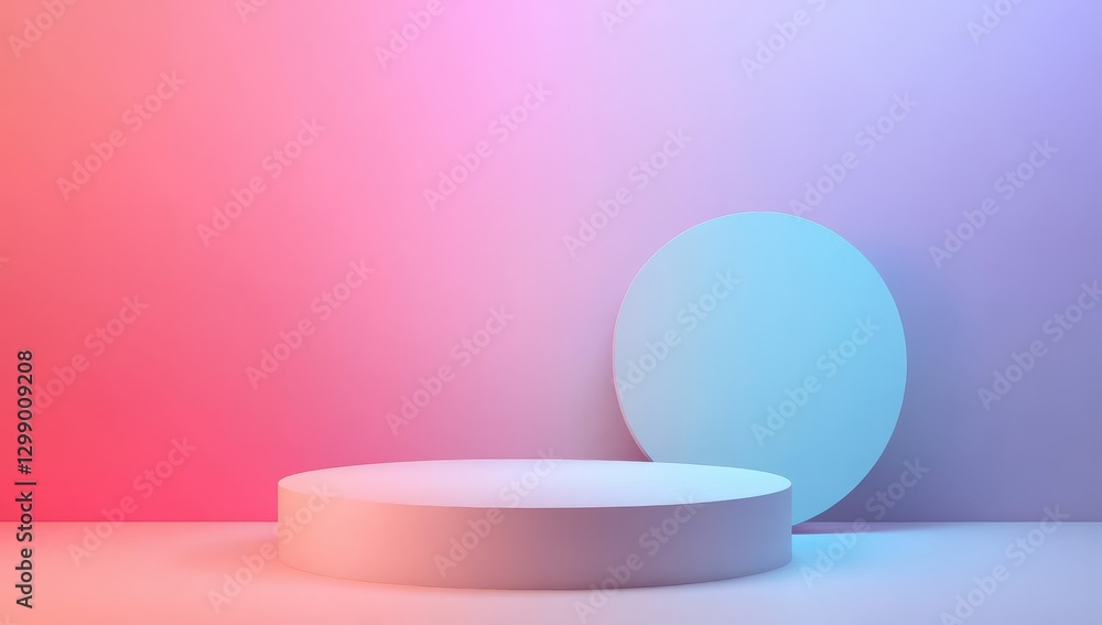 Poster minimalist studio setup featuring geometric shapes with gradient background in soft pink and blue hu
