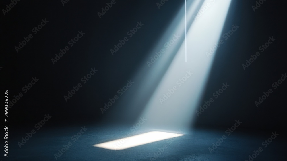 Poster bright light shines through a dark background, creating a striking diagonal composition with intense