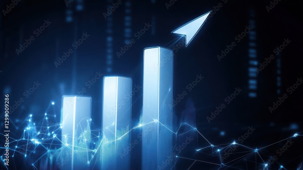 Poster a white 3d bar graph rising upward, an arrow pointing upward with glowing lines. surrounding the gra