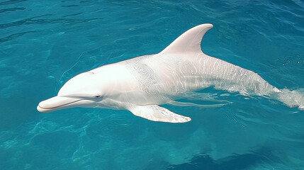 Fototapeta premium Albino Dolphin Swimming: A stunning rare sight of a pure white dolphin gracefully gliding through the crystal-clear turquoise waters.