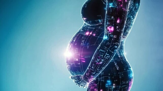 A digital representation of a pregnant figure showcases advancements in bioengineering and technology. This synthetic model highlights the integration of robotics in prenatal care and surrogacy.