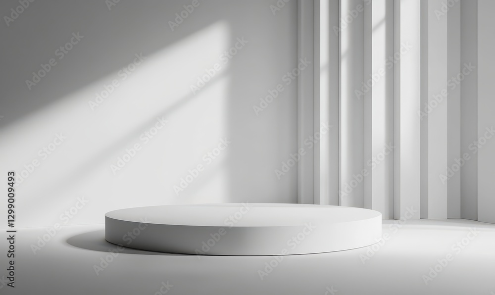 Poster minimalist white studio with round platform and vertical pillars illuminated by natural light creati