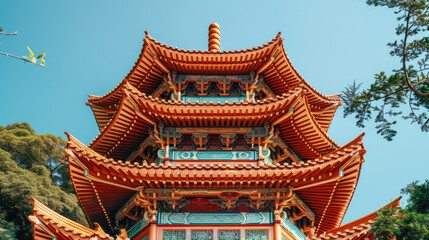 Traditional Chinese Pagoda with Intricate Architecture Surrounded by Lush Greenery and Clear Blue Sky