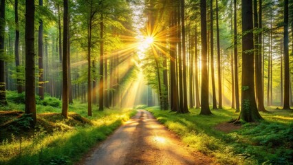 Obraz premium Sunlit Path Through a Verdant Forest at Dawn, Rays Illuminating the Way