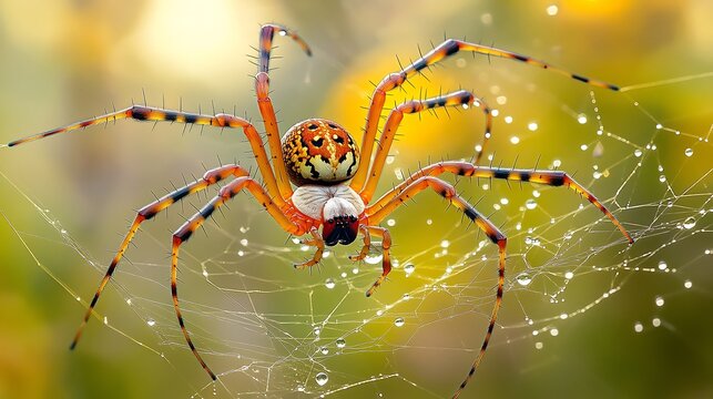 Stunning Golden Orb Weaver spider sitting in the center of its massive golden silk web vibrant hues of orange and black adorning its elongated body delicate dewdrops catching the morning sun