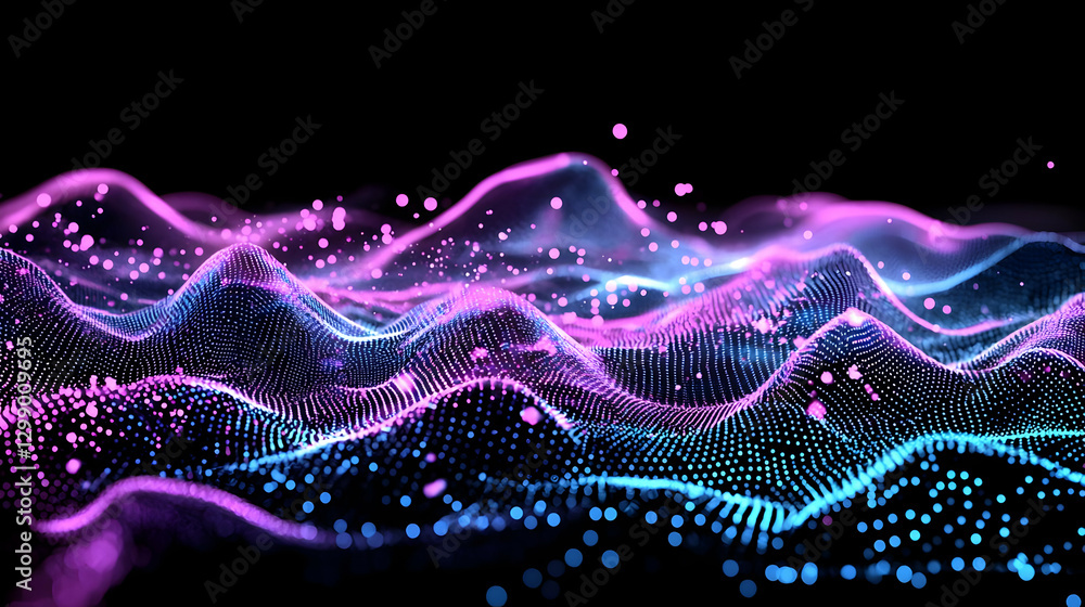 Aufkleber abstract digital waveform with pink and blue particles against black background represents data netw