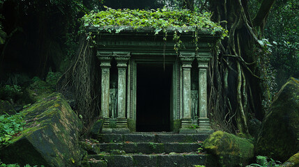 Ancient stone structure overgrown with vegetation, surrounded by a dark forest, offering an mysterious scene. Nature reclaiming the past.