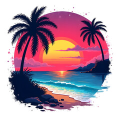 Tropical beach with palm trees at sunset featuring ocean, sky, and island landscape