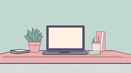 Minimalist workspace featuring laptop, plant, and stationery. Modern and clean illustration style. Ideal for a productive and calming work environment.