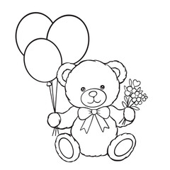 Teddy Bear with Balloons and a Bouquet of Flowers. Black and white illustration, outline, line, coloring, colorless, line art, vector