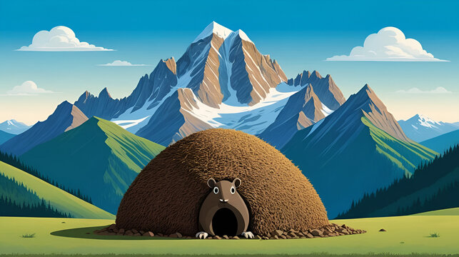 A comically exaggerated illustration of a small molehill in the foreground overshadowed by an enormous, towering mountain range in the background, symbolizing exaggeration.