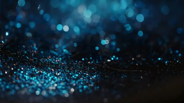 A dazzling array of blue bokeh lights sparkles against a dark background, creating a magical and cosmic atmosphere.