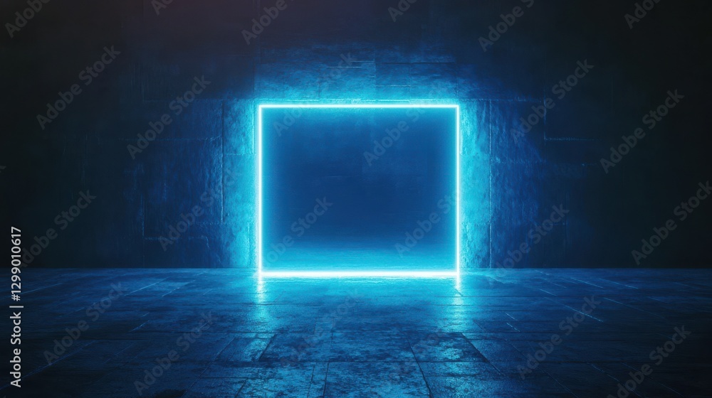 Poster an abstract image of a glowing blue rectangle with light rays emanating from its perimeter against a