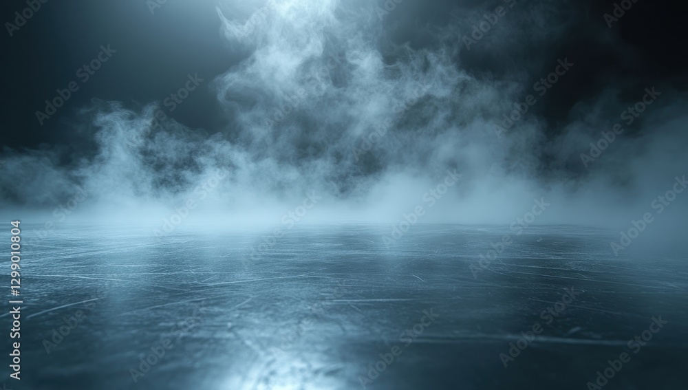 Poster misty ice surface with ethereal fog and atmospheric lighting in an empty space ideal for winter-them