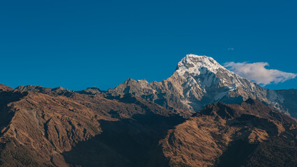 Naklejka premium TADAPANI, NEPAL - JANUARY 11, 2025: Morning sunlight highlights the majestic peak of Annapurna South, blue sky copy space.