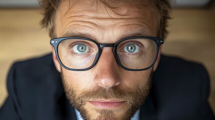 Close Up Portrait of Man with Blue Eyes Wearing Glasses