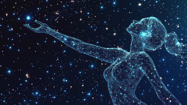 Abstract woman reaching for stars in a cosmic landscape