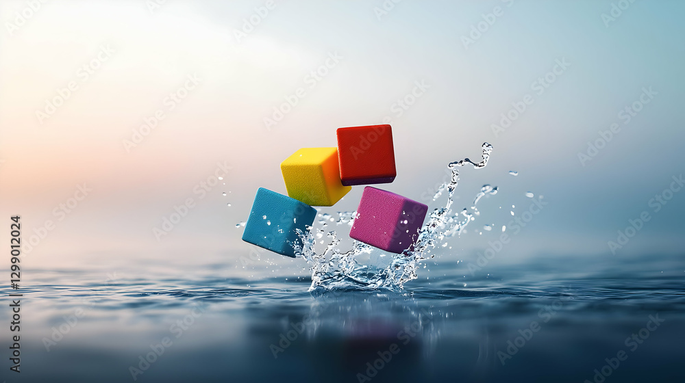 Poster floating pixelated cubes of vibrant colors create a splash above water with digital art and geometri