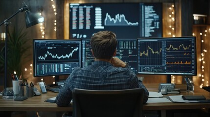 A financial analyst reviewing data with various stock performance charts, graphs, and investment reports spread across a desk in an office environment.
