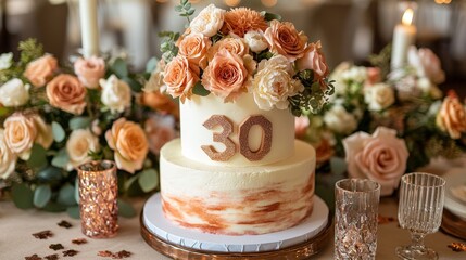 A cake with the number 30 on it is sitting on a table with flowers and candles. The cake is decorated with orange and white frosting and has a floral design