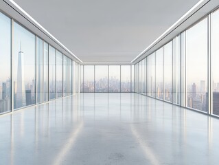 Fototapeta premium Modern empty office space with panoramic city view showcasing skyscrapers and natural light in an urban environment