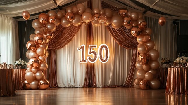 A large archway with balloons and a sign that says 150. The room is decorated for a special occasion, and the balloons and sign create a festive atmosphere