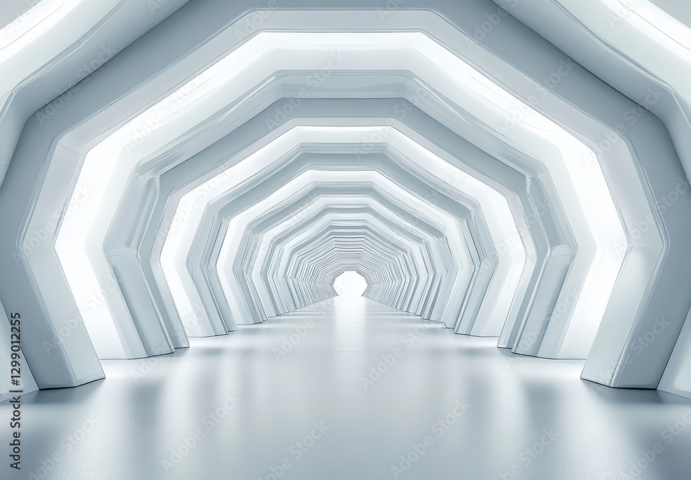 Poster modern futuristic architecture with bright white hexagonal tunnel illuminated by soft light in a min