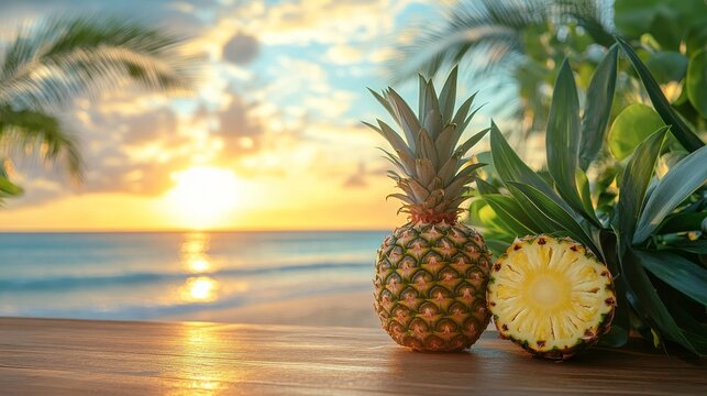 Fresh pineapple on beachside table during sunset with ocean view in tropical paradise
