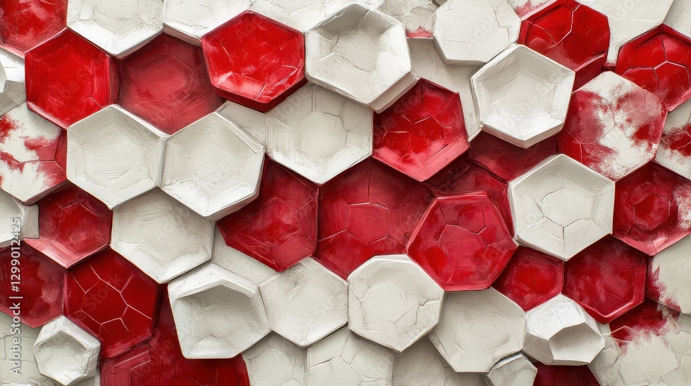 Poster an abstract arrangement of hexagonal shapes in shades of red and white, creating a modern and dynami
