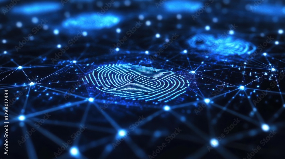 Poster glowing blue digital fingerprint holograms hovering above a global network of connected nodes repres
